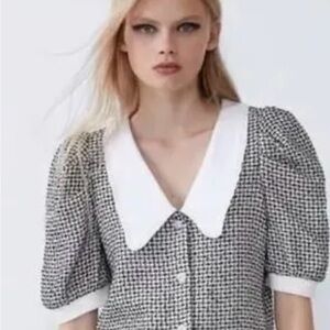 Zara Black and White Houndstooth Blouse
